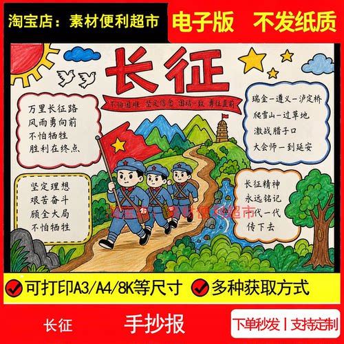 红色主题手抄报电子模板长征精神艰苦奋斗文化线稿手绘小报