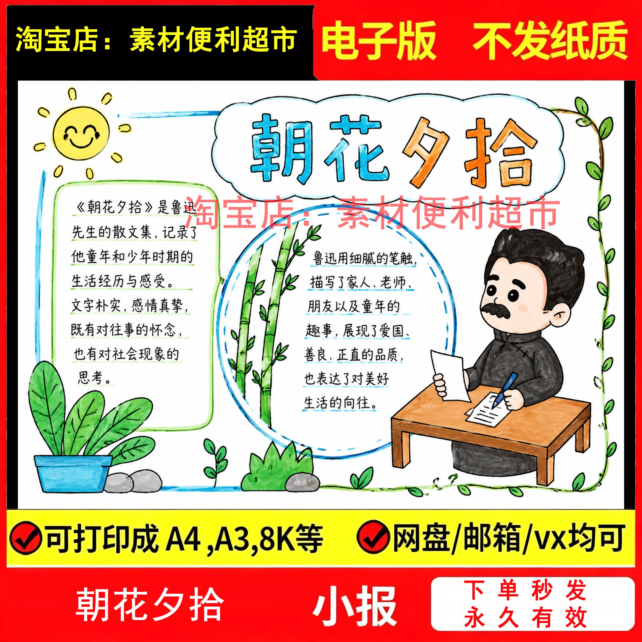 朝花夕拾手抄报电子线稿模板鲁迅好书推荐阅读手绘名人历史人物卡