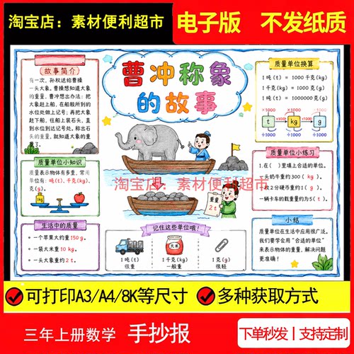 曹冲称象的故事手抄报电子模板人教新版数学三年级上册单元知识点