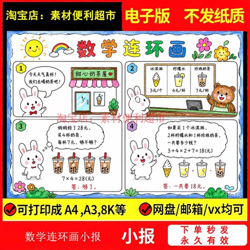 数学连环画手抄报电子模版二年级乘除法黑白线稿手绘图片学习卡
