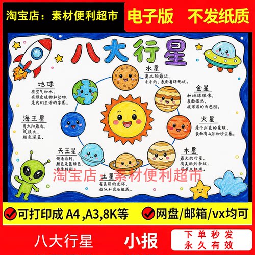 太阳系八大行星手抄报电子模版科学航天宇宙太空知识科普小报手绘