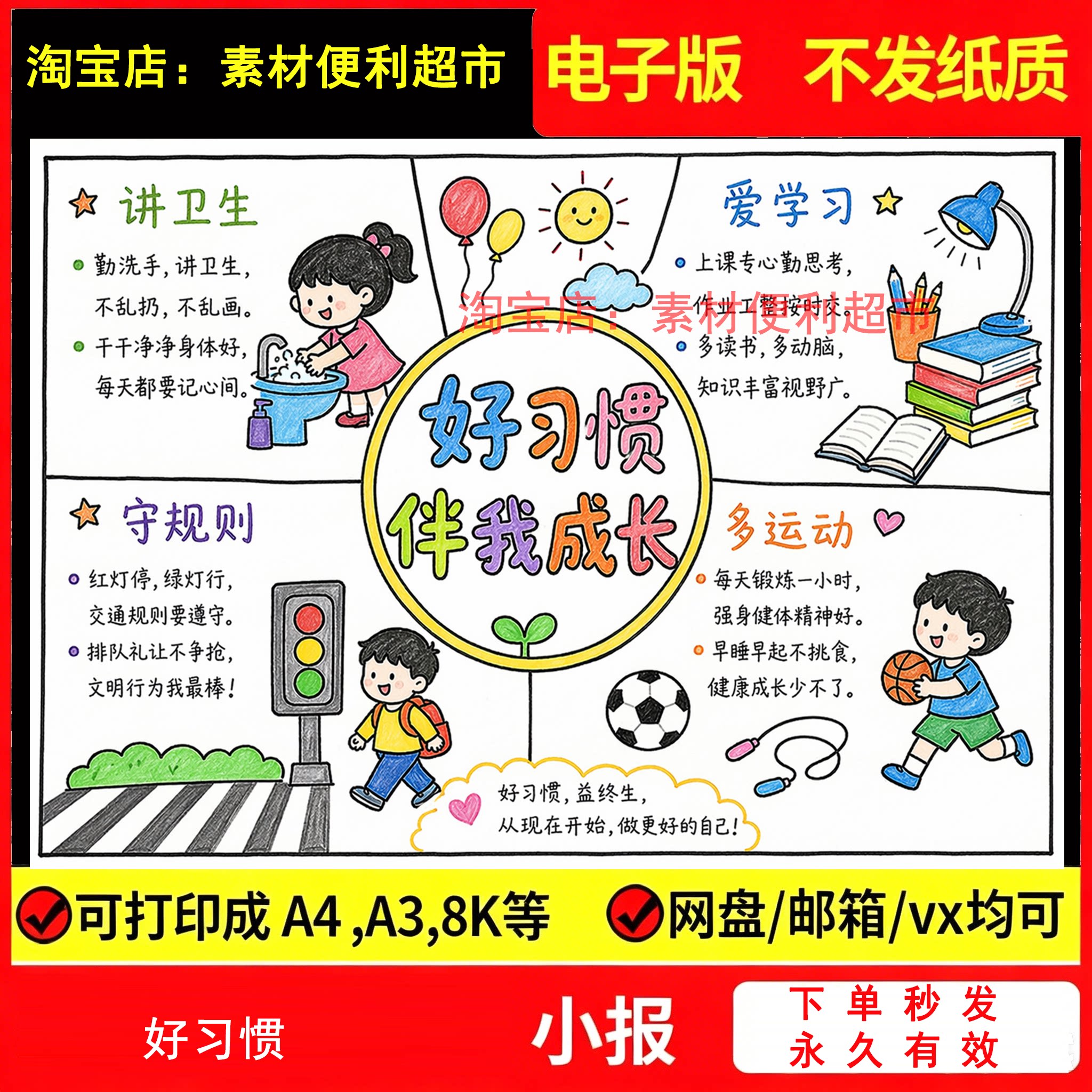 好习惯伴我成长手抄报电子模板小学生培养成好行为线稿手绘打印图片