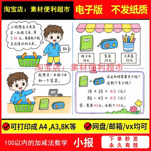 100以内的加减法数学连环画手抄报电子模版年级黑白线稿手绘学习