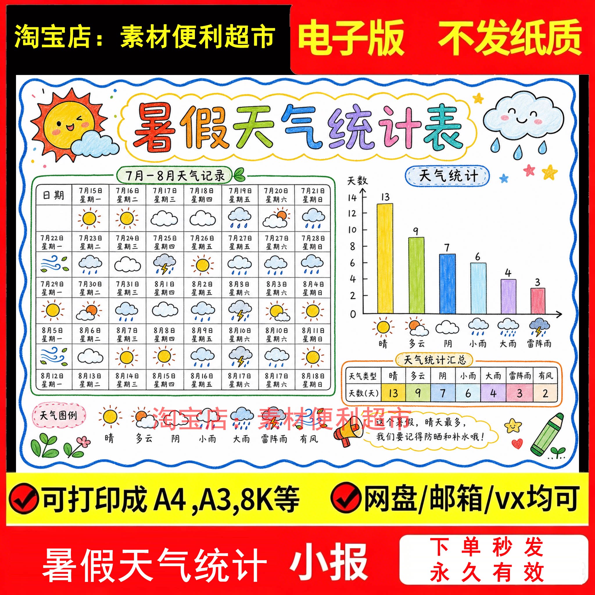 暑假天气统计表手抄报电子模版天设计素材/源文件