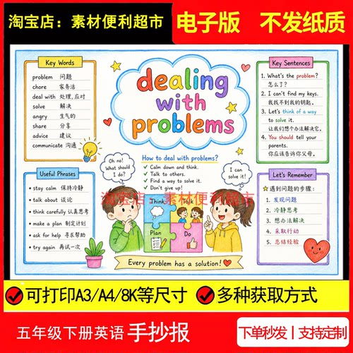 dealing with problems处理麻烦手抄报电子新北京版五年级下英语