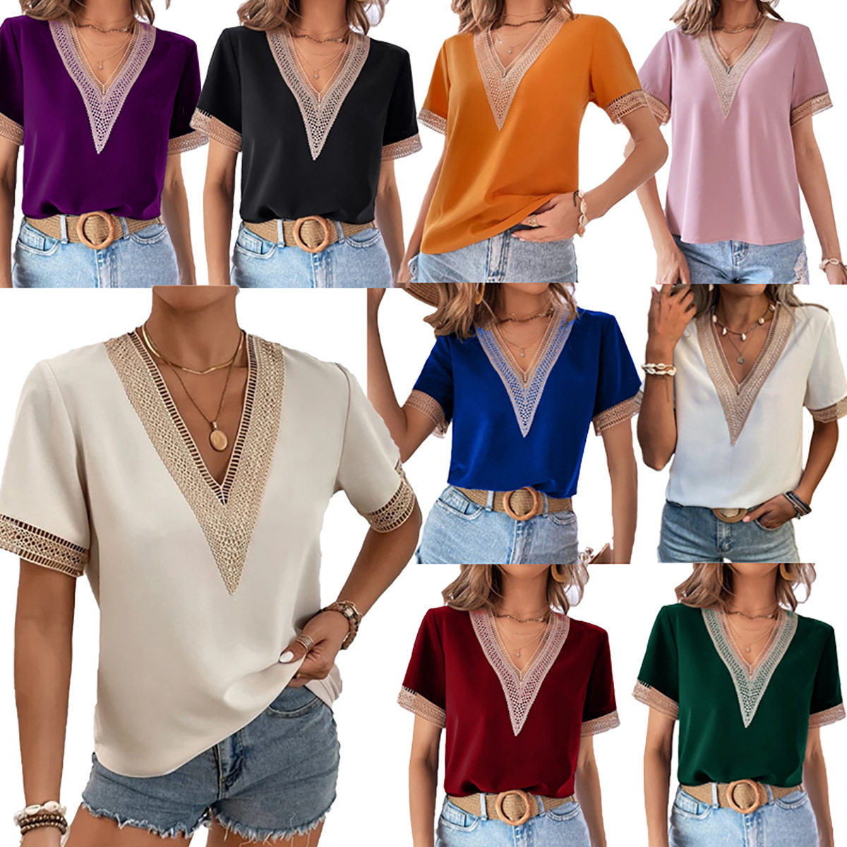 Summer Fashion Women's V-Neck Shirts Blouse New Tops 上衣T恤