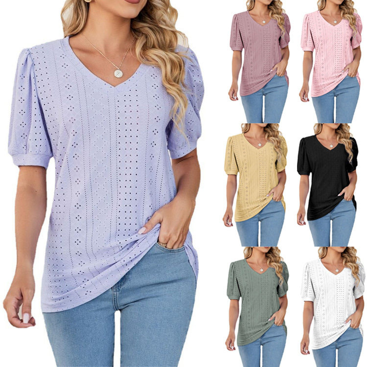 Ladies solid color hole hollow V-neck lantern sleeve t-shirt