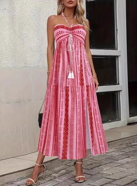 Fashionable and sexy printed lace dress 印花系带抹胸连衣裙