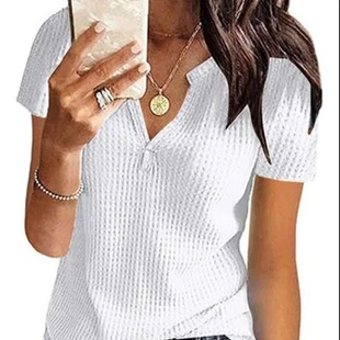 Solid-color short-sleeved V-neck top 纯色短袖V领华夫格上衣