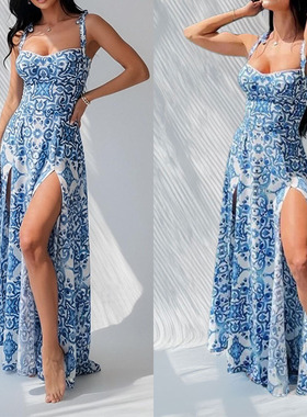 Sexy printed halter top dress 性感优雅印花吊带连衣裙女