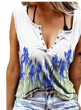 New T-shirt fashion V-neck short printed T-shirt vest woman