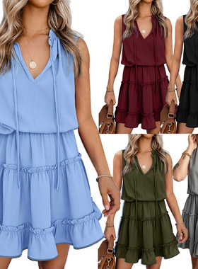 Summer V-Neck Loose Pullover Sleeveless Knee-Length Skirt