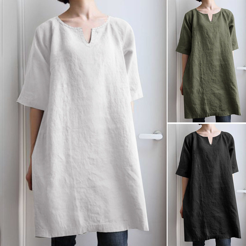Ladies solid color literary casual top and loose shirt连衣裙
