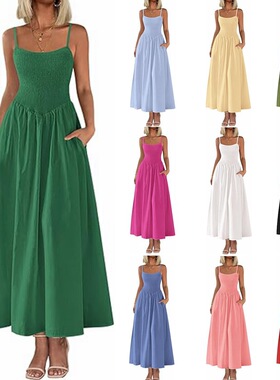 Backless tank top dress with pocket on the back  褶皱连衣裙