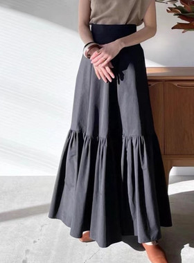 Solid color stitching large swing high waist long skirt