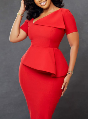 Diagonal Neck Short Sleeve HighWaist Dress斜领短袖高腰连衣裙