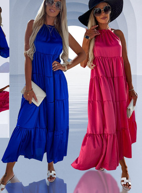 2022 summer new solid color halterneck pleated swing dress