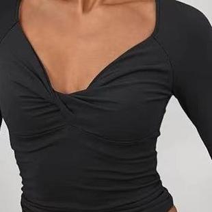 Fashion long sleeve T-shirt V neck tight top woman 紧身上衣