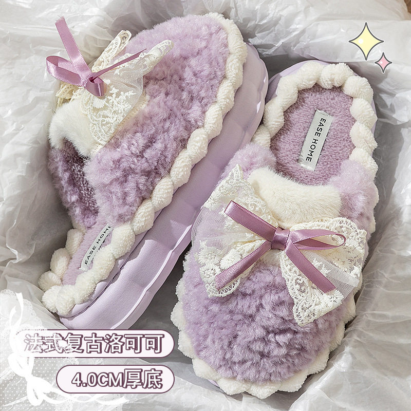 2025新款冬季棉拖鞋毛绒女士室内家居加厚底防滑蝴蝶结保暖毛毛鞋