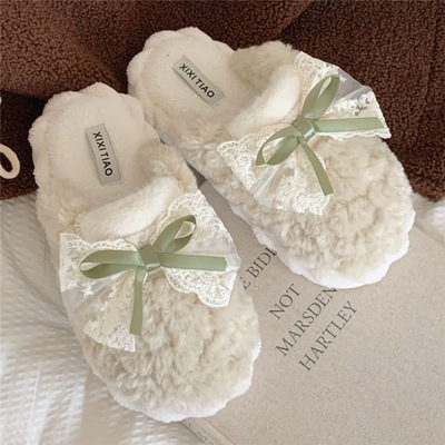 2025新款棉拖鞋时尚甜美可爱蝴蝶结月子鞋女冬季学生防滑拖鞋居家