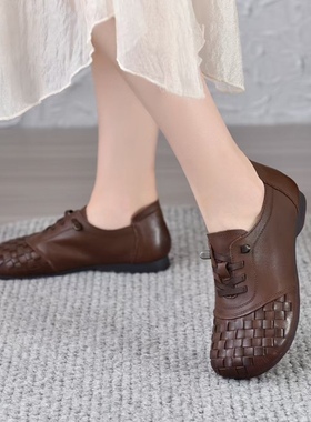 冰洁女鞋2025秋季新款单鞋真皮平跟圆头软底一脚蹬休闲皮鞋56508