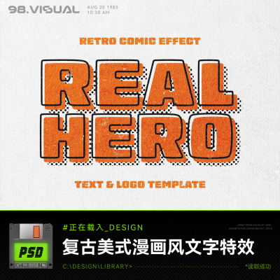 复古美式漫画质感波点肌理立体做旧粗体文字logo效果PSD样机特效