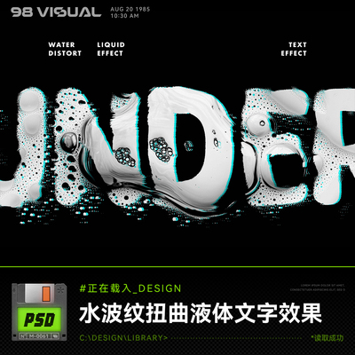 潮流复古抽象艺术液体水波纹扭曲文字海报特效样机PSD设计素材