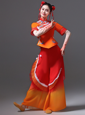 古典舞蹈服红黄色胶州秧歌艺考服表演服独舞扇子舞飘逸中国风