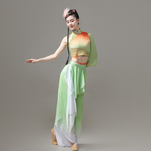 阿幸古典舞心尖尖演出服飘逸剧目扇子舞蹈浅绿渐变色雪纺胶州秧歌