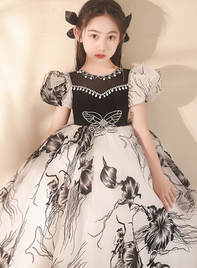 女童礼服儿童公主裙水墨印花小女孩主持人走秀钢琴演奏演出服高端