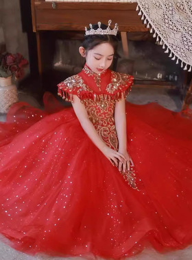 女童礼服红色蓬蓬纱公主裙儿童中国风走秀生日花童主持钢琴演出服