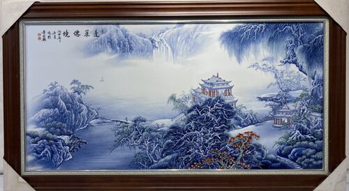 新品推荐景德镇陶瓷全手绘釉上彩蓝彩山水瓷板画【非青花】包邮