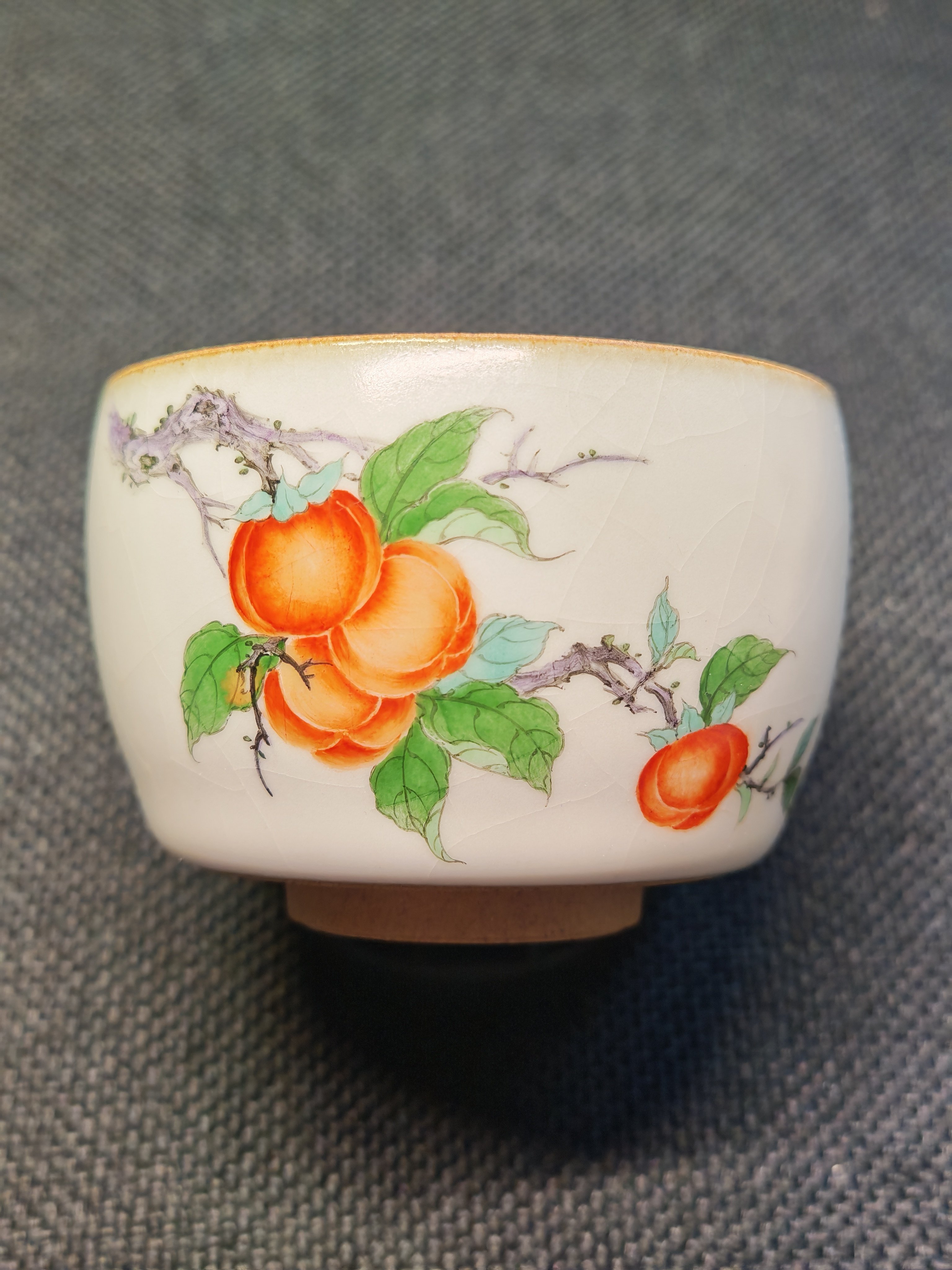 景德镇高级陶瓷美术师夏芳手绘釉上彩柿子裂纹釉开片主人杯100ml