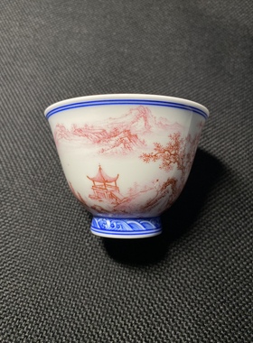 景德镇陶瓷王钢手绘釉上宝石红山水主人杯品茗杯茶杯包邮 100ml