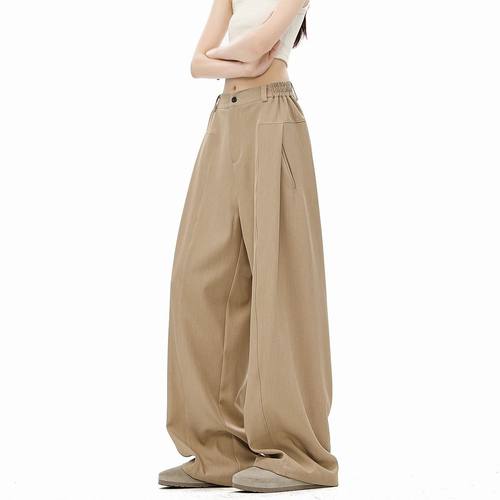 卡其色冰丝弯刀西裤男女夏季薄款宽松解构设计感纯色阔腿休闲裤子