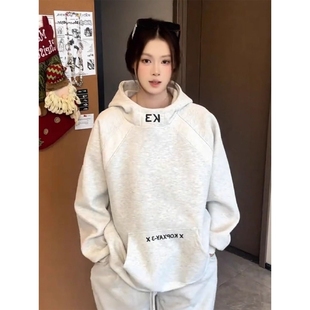 白花灰色高领连帽卫衣男女秋冬美式 拼接刺绣外套boxy硬挺内搭套头