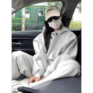 白花灰色高领连帽卫衣男女秋冬美式 拼接刺绣外套boxy硬挺内搭套头