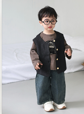 儿童春季文艺森系毛衣马甲男宝纯棉百搭洋气上衣男童条纹休闲长裤