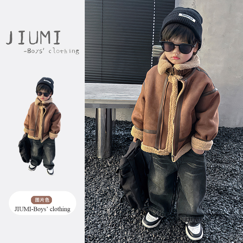 男童秋冬季2025新款加绒加厚羊羔绒夹克外套毛衣牛仔裤中小童套装
