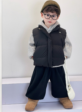儿童冬季新款加厚90白羽绒马甲套装男童条纹加绒连帽卫衣卫裤冬装