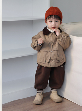 儿童冬季两面穿外套男宝加厚保暖运动裤三件套小童百搭打底衫套装