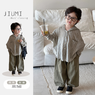男童亚麻条纹衬衫2026春季新款男女童直筒阔腿裤连帽卫衣两件套潮