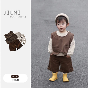 套装 男宝宝秋装 男童复古背心马甲儿童灯芯绒五分裤 新款 潮 2025秋季