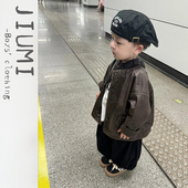 男童套装 T恤 宝宝长袖 25年秋秋韩版 纯色皮衣外套中小童洋气灯笼裤