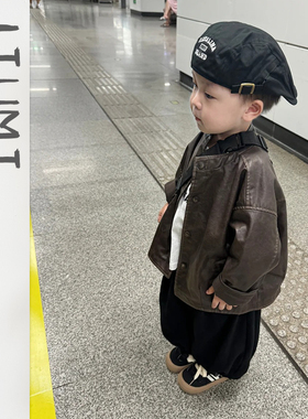 男童套装25年秋秋韩版纯色皮衣外套中小童洋气灯笼裤宝宝长袖T恤