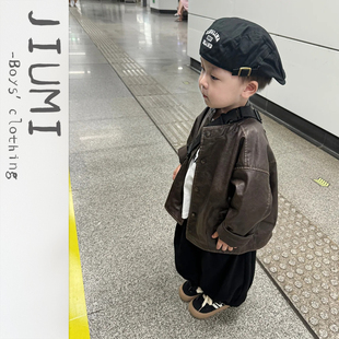 宝宝长袖 纯色皮衣外套中小童洋气灯笼裤 T恤 25年秋秋韩版 男童套装