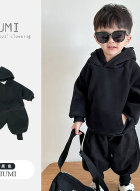 男童冬装套装男宝宝一体绒卫衣儿童加厚连帽上衣松加绒灯笼裤童装