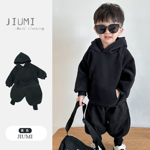 童装 男宝宝一体绒卫衣儿童加厚连帽上衣松加绒灯笼裤 套装 男童冬装