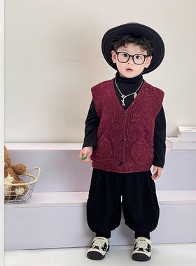 儿童春季新款森系针织马甲宝宝半高领打底衫男宝韩版洋气叠穿套装