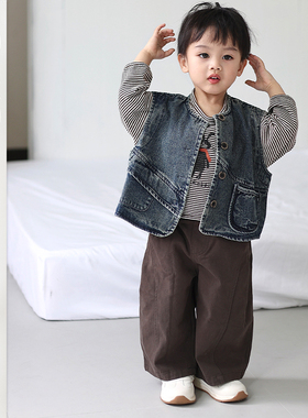 儿童2026春季新款背心坎肩男宝宝条纹长袖T恤男童森系宽松休闲裤